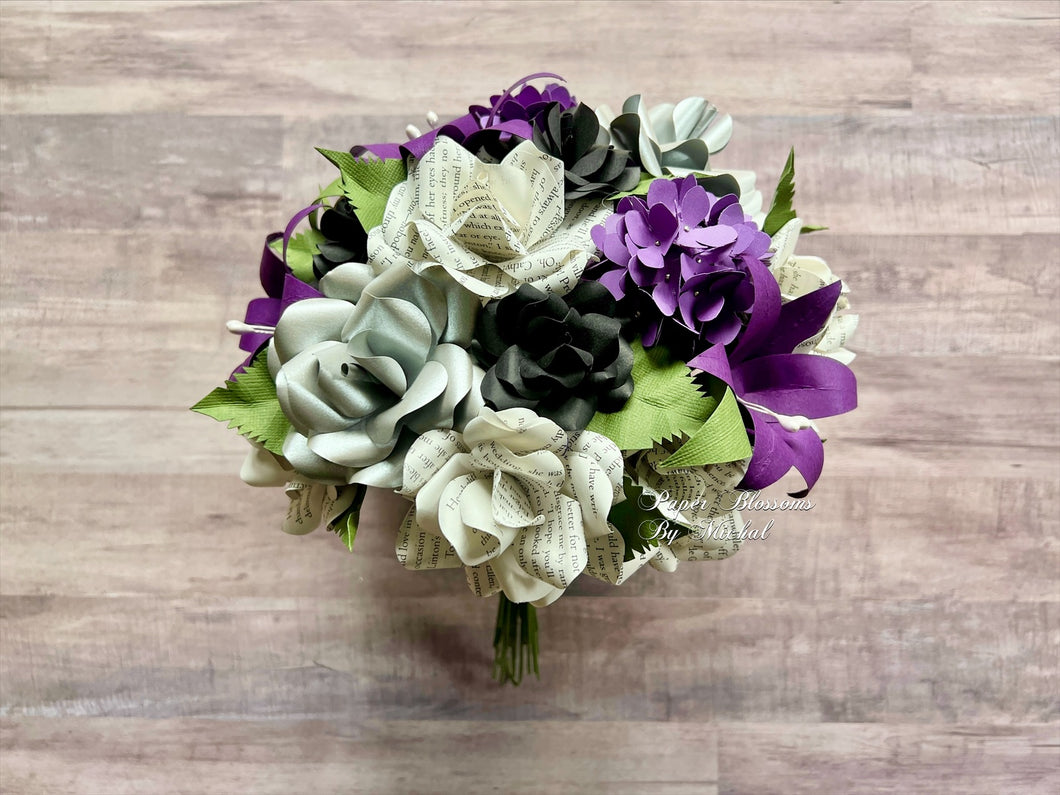 Wuthering Heights Book Page Bouquet with Purple, Silver, and Black