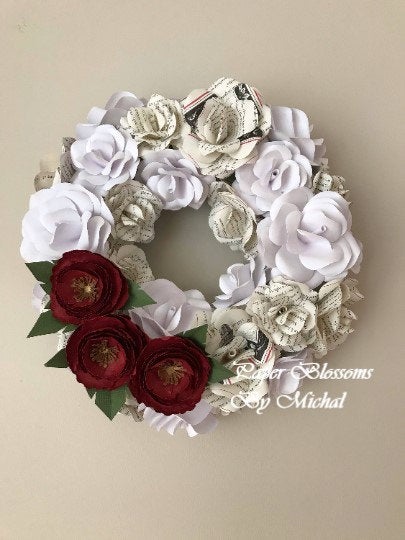 White and Book Page Paper Flower Wreath