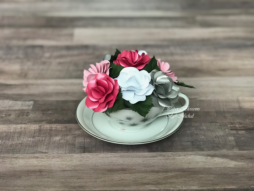 Pink and Silver Paper Flower Teacup Bouquet