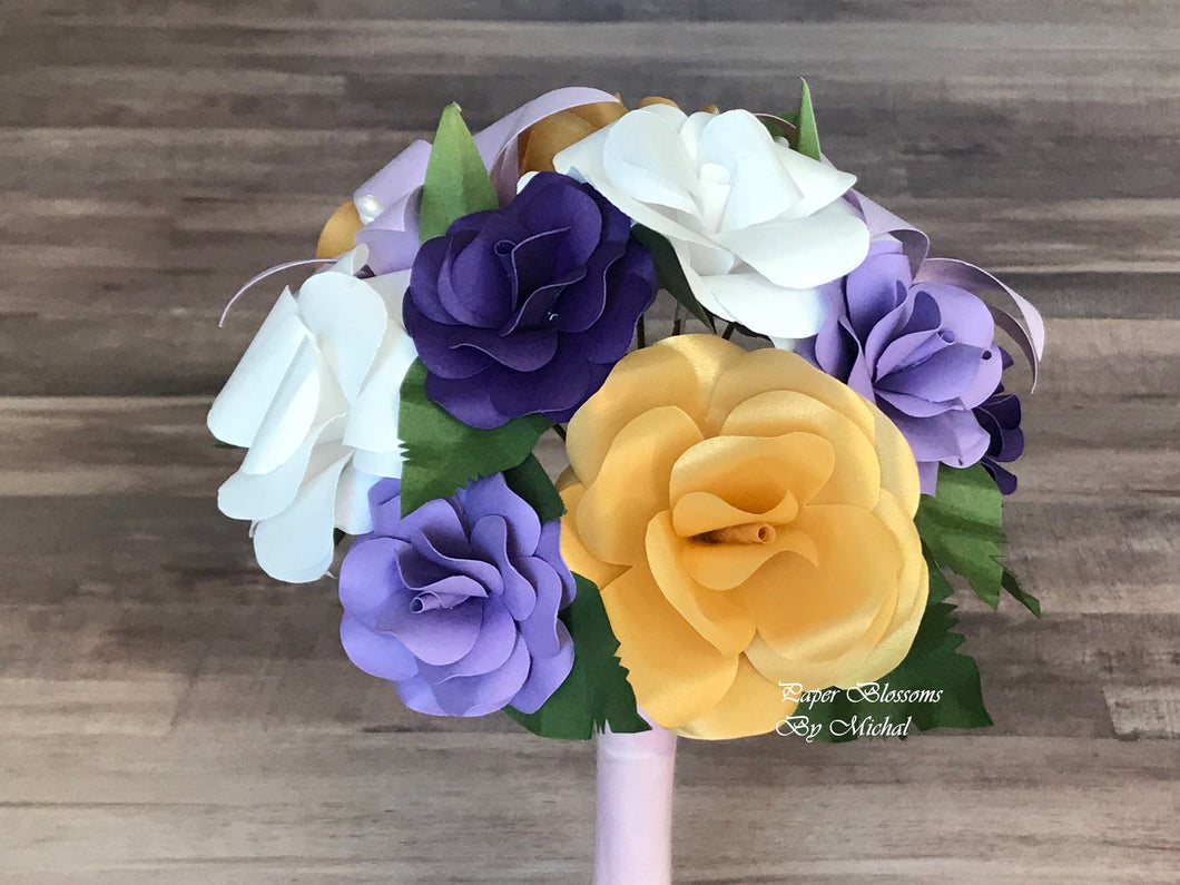 Paper Flower Bouquet: Purple, White, and Gold Mix