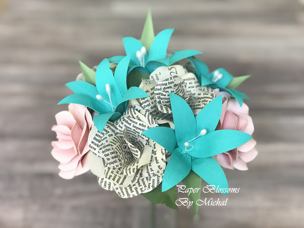 Pride and Prejudice and Teal Paper Flower Bouquet