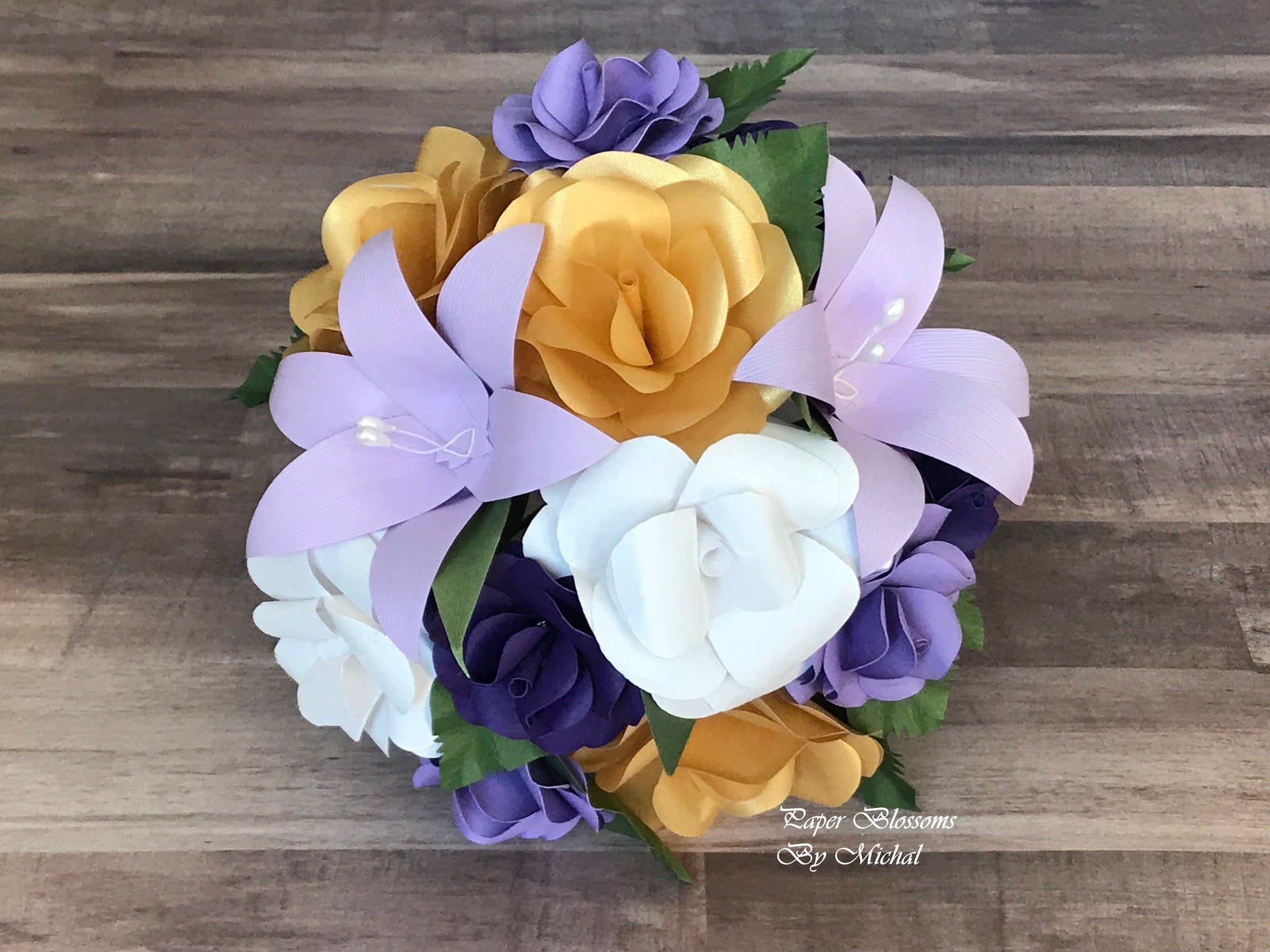 Purple and Gold Paper Flower Bouquet – Paper Blossoms By Michal, LLC